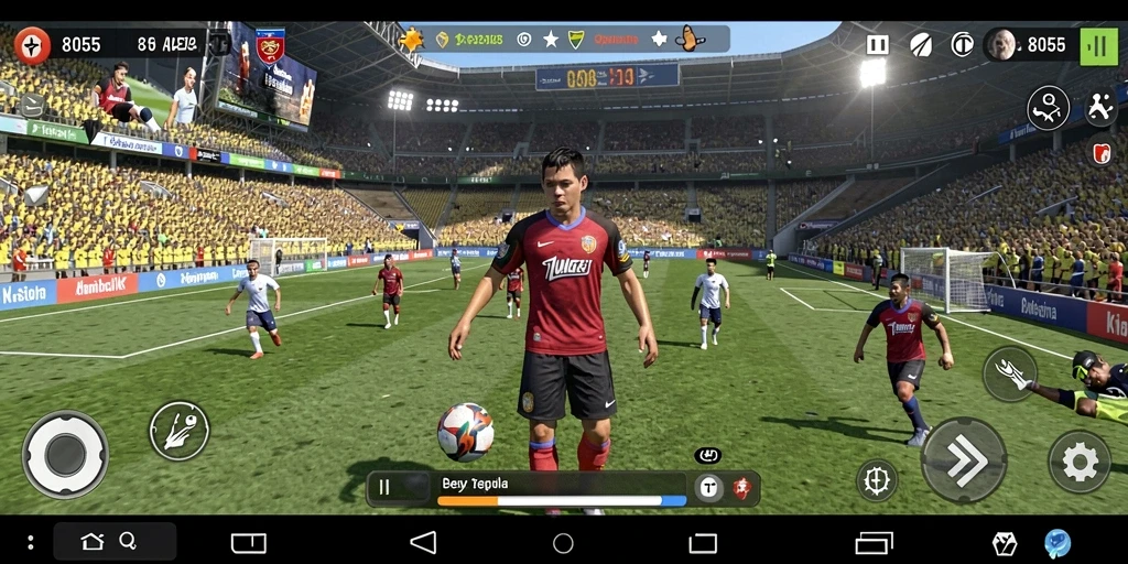 Tampilan gameplay menarik dari 8055 dengan tim sepak bola yang beraksi.