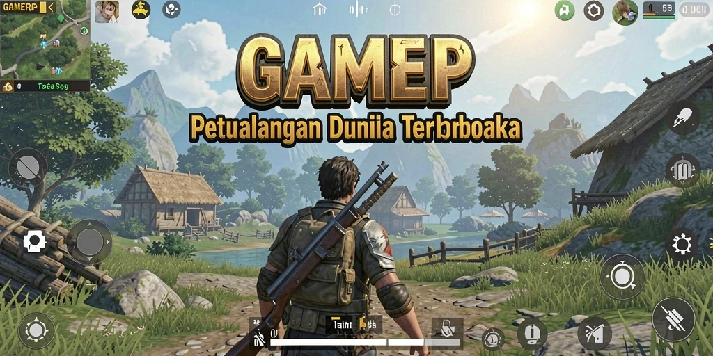 Screenshot utama GAMERP menampilkan dunia terbuka yang menakjubkan dengan detail yang kaya.