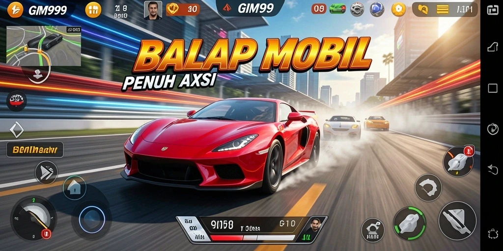 Screenshot GIM999 menampilkan aksi balap yang mendebarkan di trek.