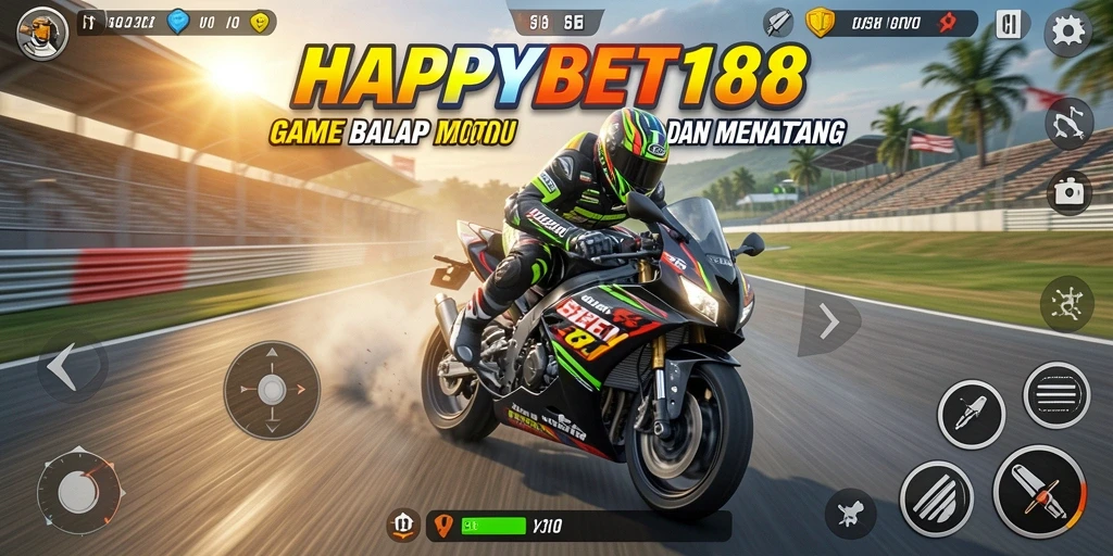 Screenshot utama <strong>HAPPYBET188</strong> menunjukkan gameplay balap motor yang seru dan menegangkan.