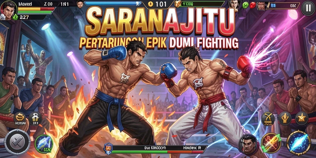 Tampilan gameplay pertarungan yang intens dan seru di SARANAJITU.
