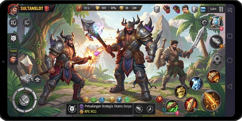 Screenshot menunjukkan pertarungan seru di dunia RPG SULTANSLOT.