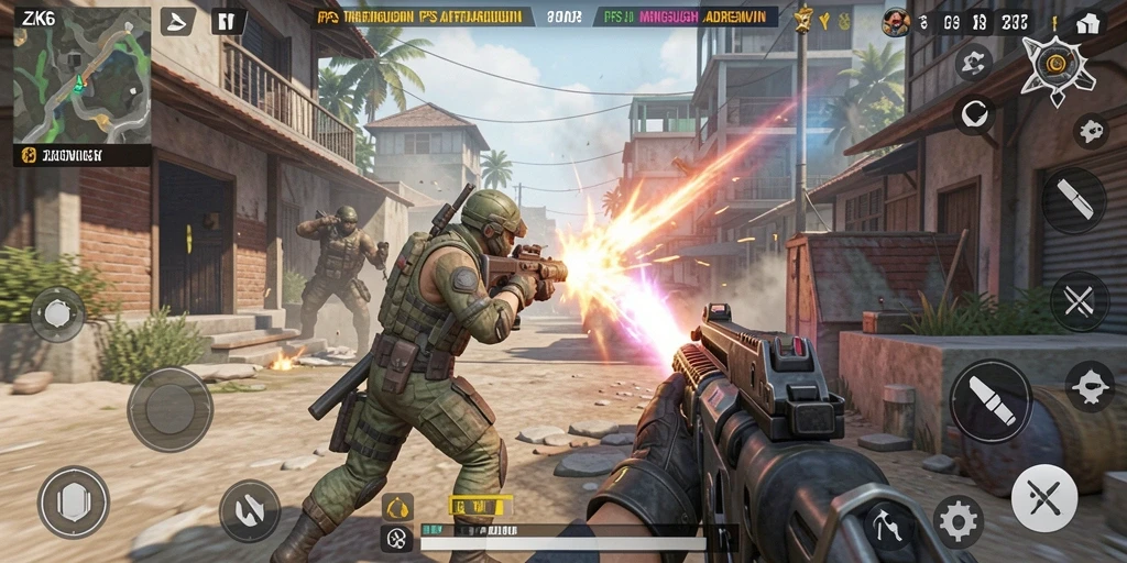 Screenshot gameplay ZK6 menampilkan aksi tembak-menembak yang intens.